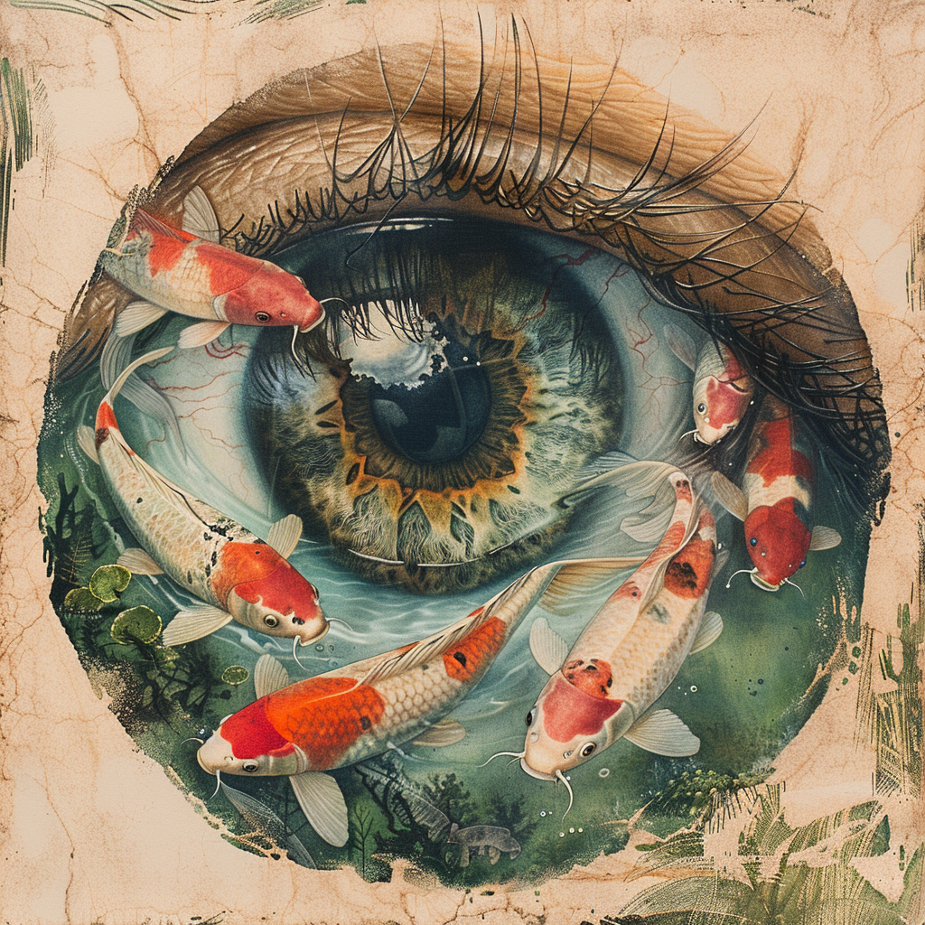 Œuvre d'art digital intitulée 'Koi Look' par Medsan, représentant un œil humain entouré de poissons koi, imprimée en giclée sur toile.