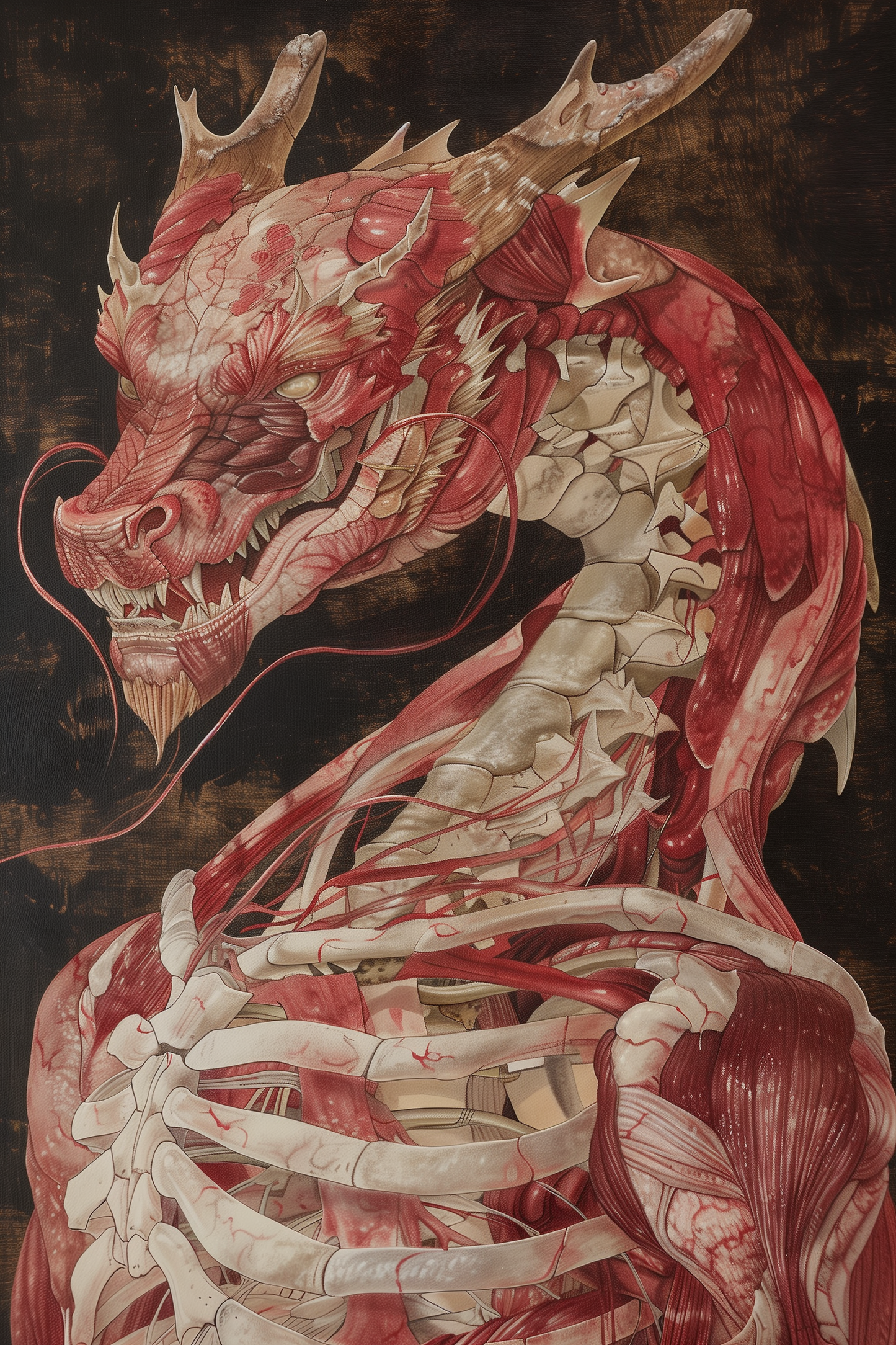 Œuvre d'art digital intitulée 'Dragonomy' par Medsan, représentant l'anatomie humaine fusionnée avec un dragon japonais, imprimée en giclée sur toile.