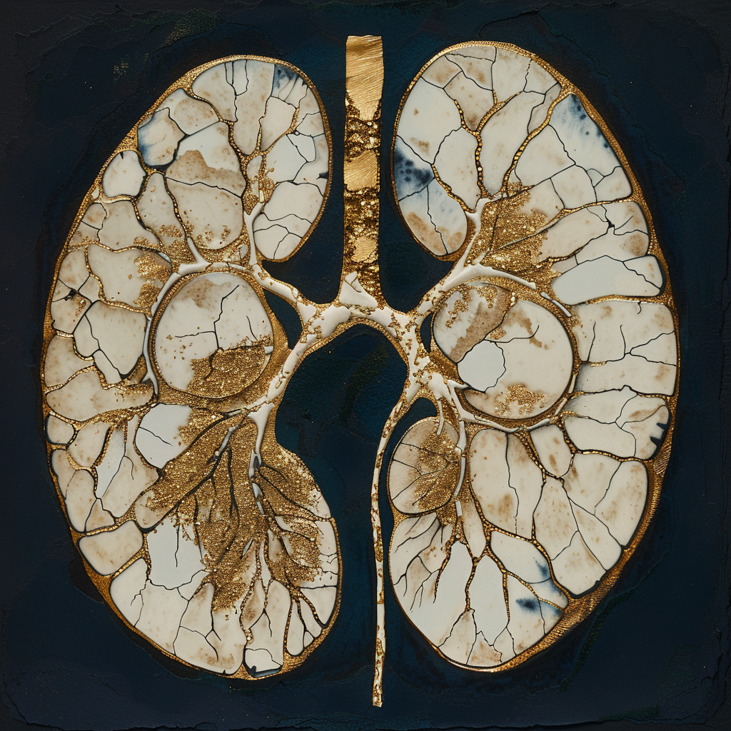 Œuvre d'art digital intitulée 'Kidneyugi' par Medsan, représentant un rein humain intégré à des éléments traditionnels japonais, imprimée en giclée sur toile.