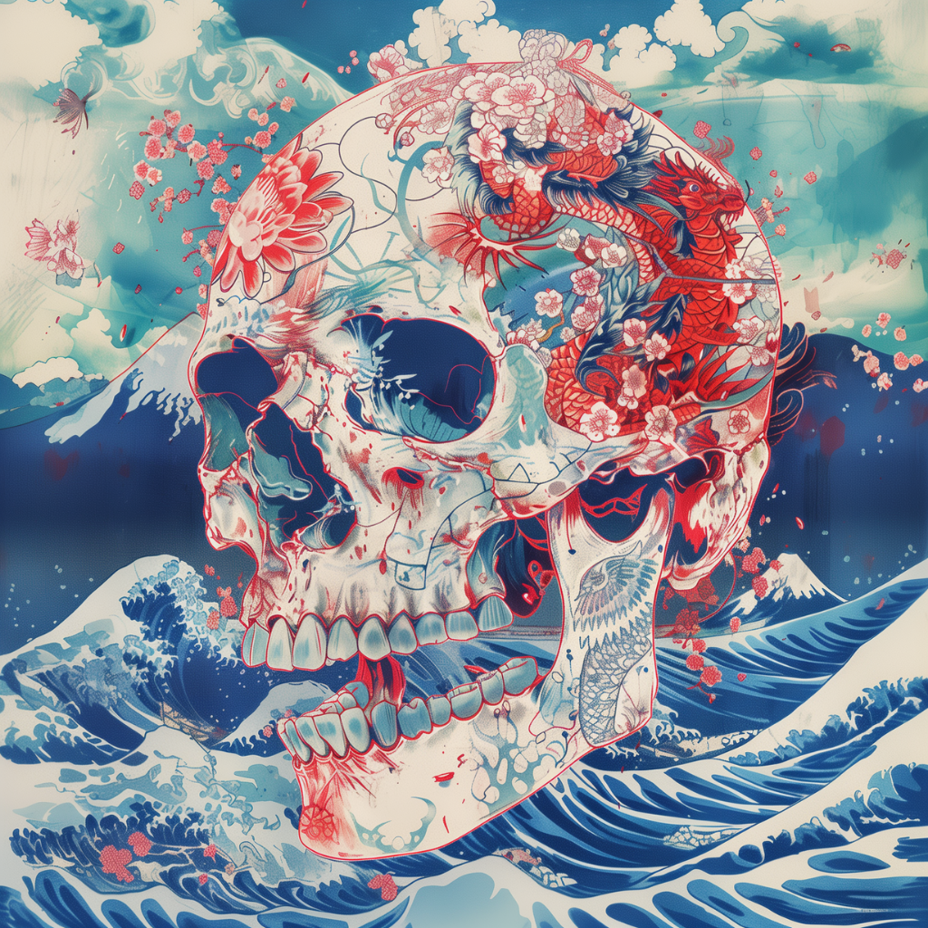 Œuvre d'art digital intitulée 'Requiem Sea : La légende du crâne fleuri' par Medsan, représentant un crâne fusionné avec des motifs japonais dans des tons chaleureux, imprimée en giclée sur toile.